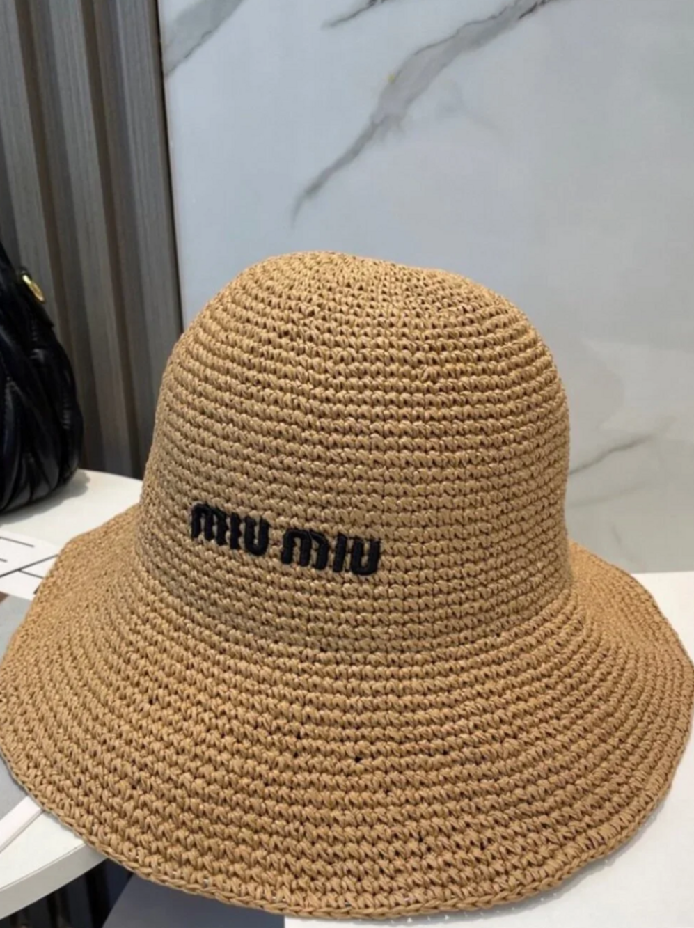 Miu Miu Crocheted Raffia Wide Brim Bucket Hat Natural